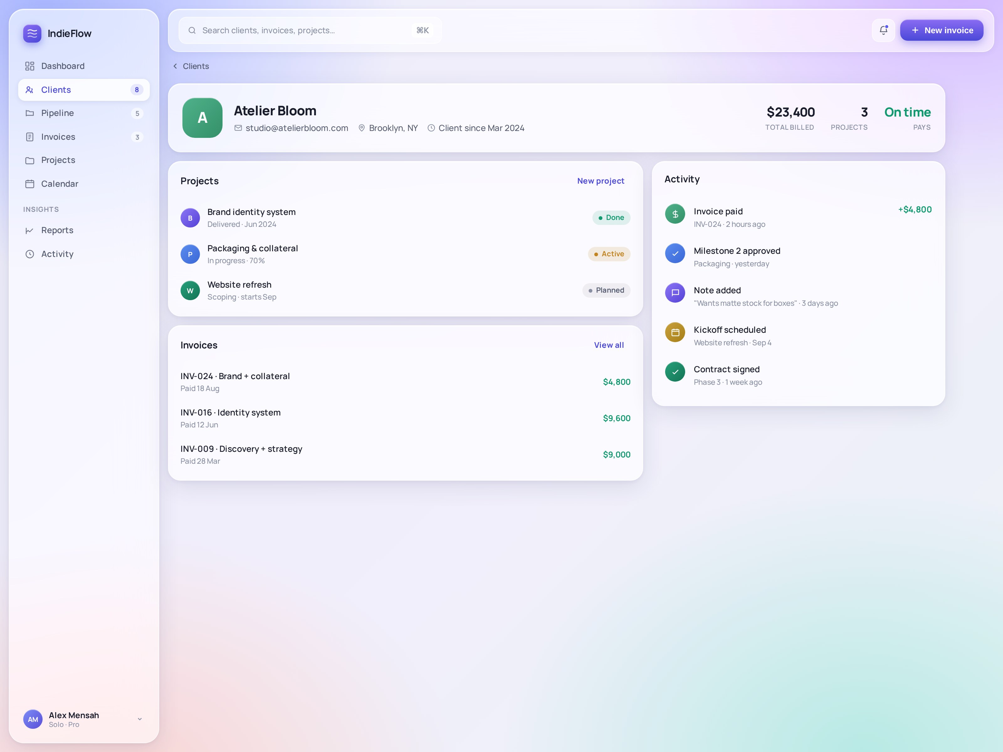 IndieFlow — client detail