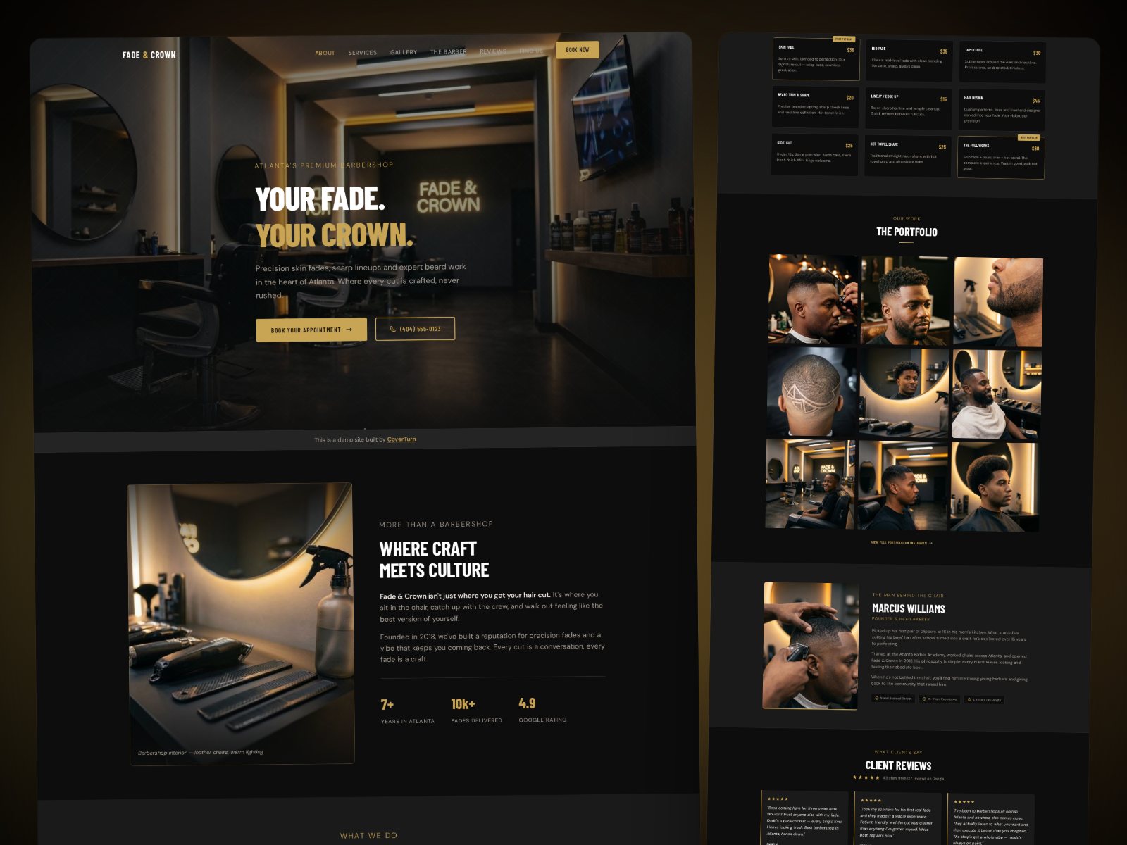 Fade and Crown concept site, editorial barbershop magazine system in Atlanta