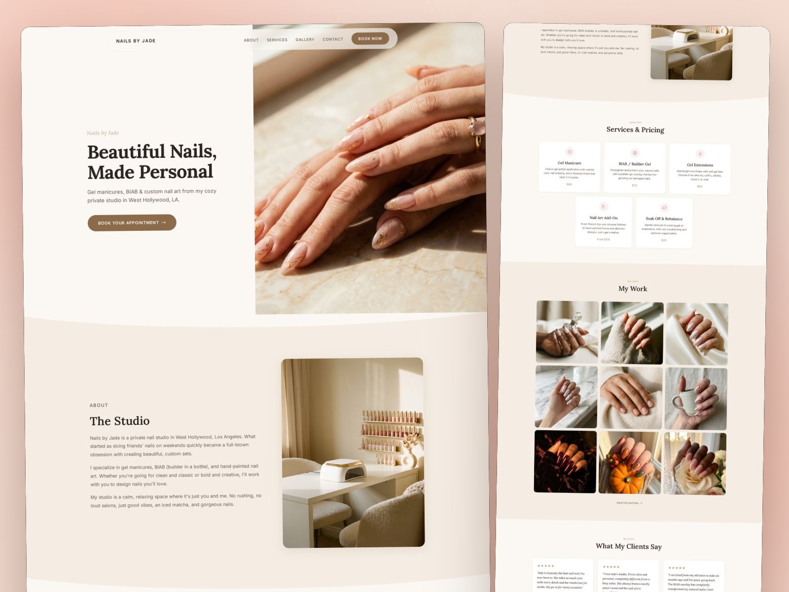 Nails by Jade concept site, warm cream and sienna for a solo nail artist
