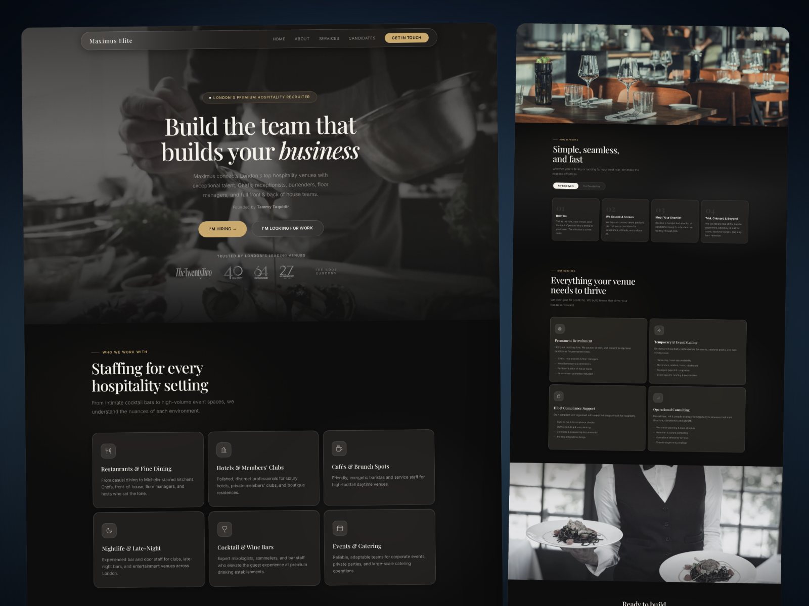 Maximus Elite homepage, editorial hospitality recruitment site in black and gold
